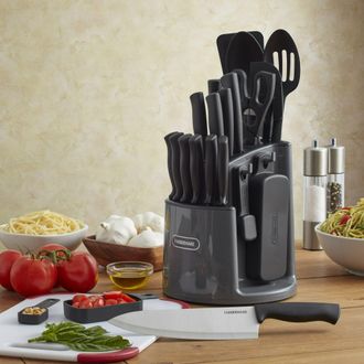 Farberware Classic 30-Piece Spin-N-Store Rotating Carousel Stainless Steel Knife Set Tool Set Gray