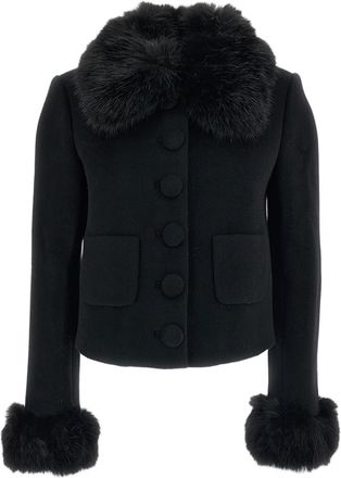 Self Portrait Black Faux-Fur Cuff Cropped Wool Jacket