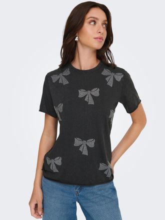 Only Kurzarmshirt ONLY ONLLUCY LIFE S/S O-NECK TOP CC JRS, Damen, Gr. XS, schwarz detail:bows, Jersey, Obermaterial: 100% Baumwolle, bedruckt, regular fit,