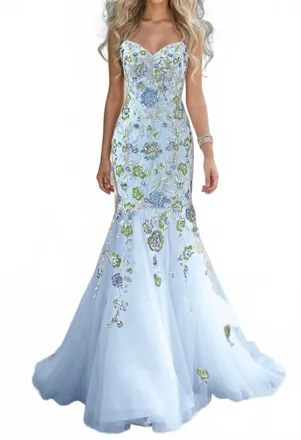 Terani Couture Strapless Embroidered Mermaid Gown In Blue