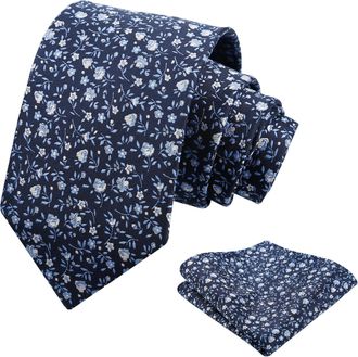 Alizeal Mens Small Floral Necktie Elegant Classic for Weddings Groom Party Novelty Flower Tie and Hanky Set, Navy+Blue+White