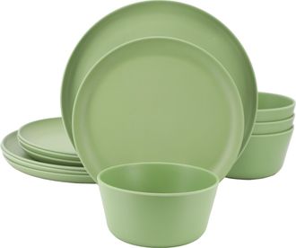 Gibson Home Fairhope 12 Piece Melamine Round Dinnerware Set in Matte Green