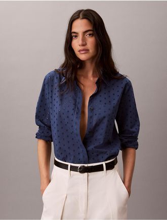 Calvin Klein Womens Broderie Anglaise Button-Down Shirt - Navy - L
