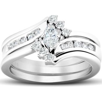 Pompeii3 1/2 Ct Marquise Diamond Engagement Trio Wedding Ring Set 10k White Gold
