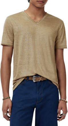 John Varvatos Wooster Slim Fit V-Neck Burnout Linen T-Shirt in Twig at Nordstrom, Size X-Small
