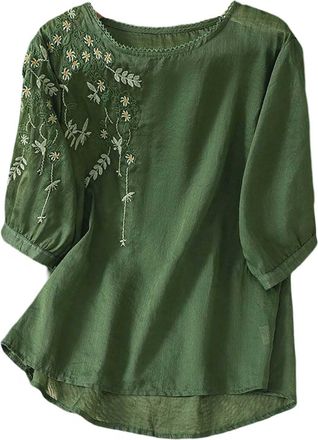 Generic Bohemian Embroidery Cotton Linen Mexican Round Neck Tops Womens Summer Boho Shirts Hippie Peasant Half Sleeves Casual Blouses Tunic Loose T Shirt Top 