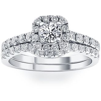 Pompeii3 1 1/4Ct Cushion Halo Diamond Engagement Matching Wedding Ring Set 14K White Gold Size Selectable