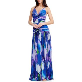 Dress The Population Elora Metallic Floral Gown in Electric Blue Multi at Nordstrom, Size Xx-Small