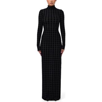 Naked Wardrobe Burnout Long Sleeve Maxi Dress in Black Houndstooth at Nordstrom, Size X-Small