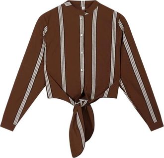 10 Days Blusa corta con nudo - Dames - Blouses - Bruin - L - Katoen - Overhemden