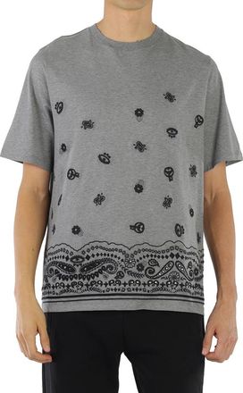 Roberto Cavalli Mens Melange Grey Lucky Symbols-embroidered Cotton T-shirt, Size Medium