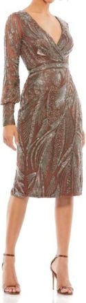 Mac Duggal Cuffed Sleeves Embellished Dress In Mocha