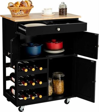 Costway Carrello da Cucina, con Portabottiglie Tre Ante e Ruote, Credenza Cucina in Legno di Pino e mdf, Ideale per Soggiorno e Cucina, 67 x 37 x 86 cm, Nero