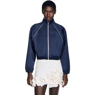 Sandro Embroidered cropped satin jacket in Navy /Black at Nordstrom, Size 40 Eu