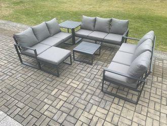 Fimous Aluminium 10 Seater Outdoor Garden Furniture Set Patio Lounge Sofa with Square Coffee Table Side Table Big Footstool Conservatory Set
