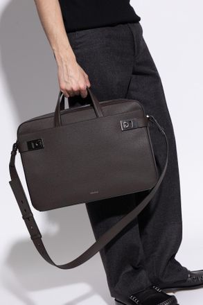 Ferragamo Leather Handheld Document Bag, Mens, Brown