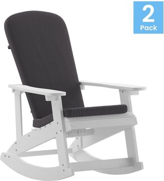 Flash Furniture Set of 2 Adirondack Rocking Chairs in White with Gray Cushions, Porch, and Patio