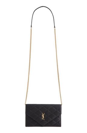 Saint Laurent Paris Diamond Quilted Satin Wallet on a Chain in Noir at Nordstrom