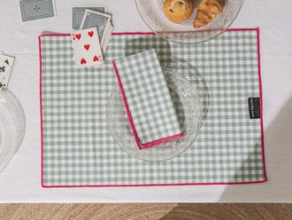 Really Nice Things Set de mesa mantel y servilletas 8 piezas algodón aguamarina y púrpura