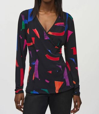 Joseph Ribkoff Solange Silky Knit Abstract Print Wrap Top In Black