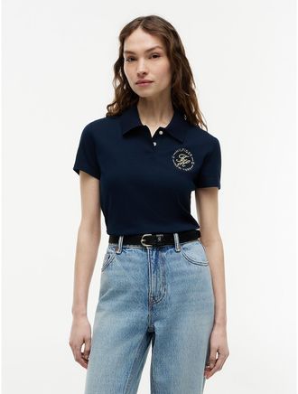 Tommy Hilfiger Womens Slim Fit Metallic Script Monogram Polo - Navy - XL