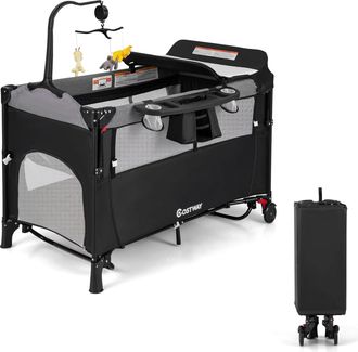 Costway Costway - Cuna De Viaje Convertible 5 En 1 Con Cambiador, Bolsillo De Almacenamiento, Centro De Guarder&iacute;a Para Beb&eacute;s, Juguetes Colgantes, Cuna Ajustab