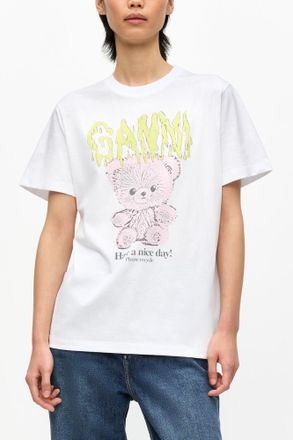 Ganni White Basic Cotton Jersey Teddy Relaxed T-shirt - Size XS Organic