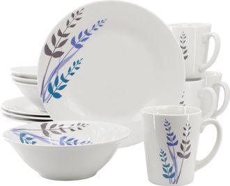Gibson Home Blue Leaves 12 Piece Round Fine Ceramic Decorated Dinnerware Set in White