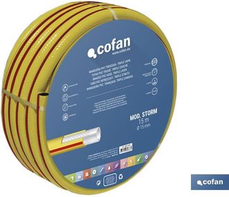 cofan Manguera Pvc Modelo Storm 3 Capas Trenzada &Oslash;25x25 M, Manguera De Riego En Color Amarillo Modelo Storm Para Jard&iacute;n. Est&aacute; Fabricada En Pvc De Muy Buena 