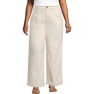 Lands End High Rise Soft Denim Pleated Wide Leg Trousers in Natural at Nordstrom, Size 26W
