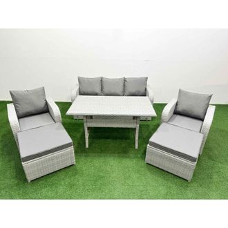 Fimous Pe Rattan Garden Furniture Set Reclining Chair Sofa Lounge Sofa Set Rectangular Dining Table 2 Big Footstool Light Grey - Fimous