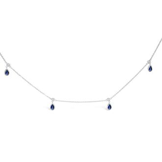 House of Brilliance 10K White Gold Dangling 5x3 mm Pear Blue Sapphire and Diamond Station Necklace - 18 Inches