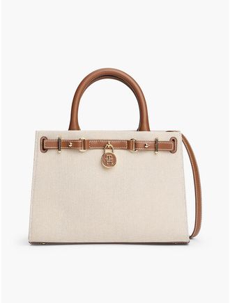 Tommy Hilfiger Womens Textured Canvas Mini Tote Bag - Beige