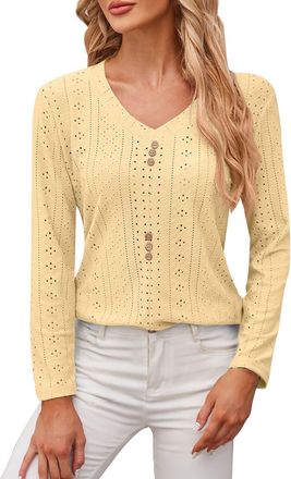 Generic Womens V-Neck Eyelet Knit Top Long Sleeve Button-Detail Blouse Lightweight Summer Shirt Breathable Lace Trim Casual T-Shirt for Spring & Summer Office