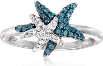 Ross-Simons Blue and White Diamond Starfish Ring in Sterling Silver