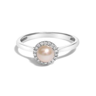 House of Brilliance 10K White Gold 5MM Pearl and Diamond Halo Ring at Nordstrom, Size 6.5