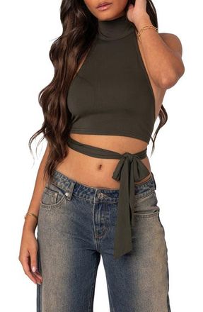 Edikted Hamlin Wrap Tie Halter Neck Crop Top in Olive at Nordstrom, Size X-Large