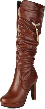 Generic Womens High Heeled Platform Boots with Tassel PU Leather Slouch Long Boots with Side Zipper Round Toe Knight Boot,Brown,6.5 UK