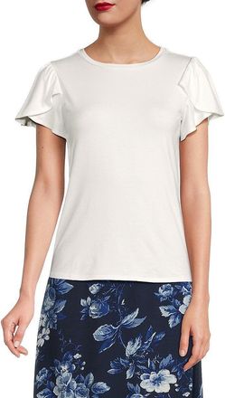 T Tahari Top Womens Star White Stretch Flutter Sleeve Crew Neck FTS1328