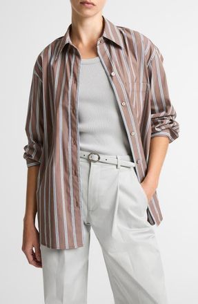 Vince Stripe Cotton Blend Button-Up Shirt in Brown Multi at Nordstrom, Size Xx-Small