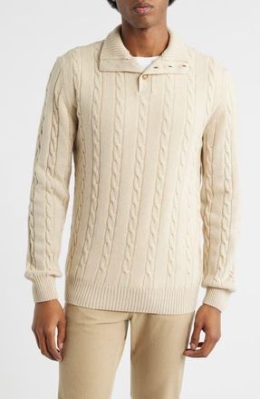 Aur&eacute;lien Cable Merino Wool Half Placket Sweater in Light Beige at Nordstrom, Size X-Large