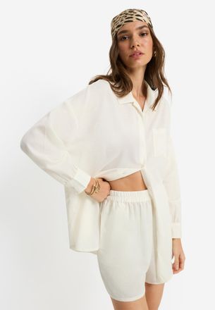 Lascana Langarmbluse LSCN BY LASCANA, Damen, Gr. 34, creme, Web, Obermaterial: 58% Viskose, 28% Baumwolle, 14% Leinen, unifarben, figurumspielend h&uuml;ftbedecken