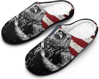 Generic Bigfoot Holding Rifle U.S. Flag Mens House Slippers Memory Foam Washable Cotton Slip on Home Shoes