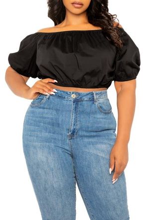 Buxom Couture Off the Shoulder Bow Back Crop Top in Black at Nordstrom, Size 1X