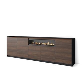 Skraut Home Aparador efecto madera roble oscuro negro 263cm chimenea efecto fuego