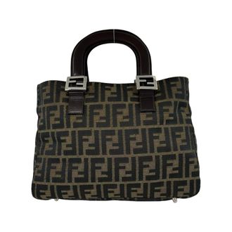 Fendi Black Brown Canvas Leather Handbag Tote Bag (Pre-Owned)