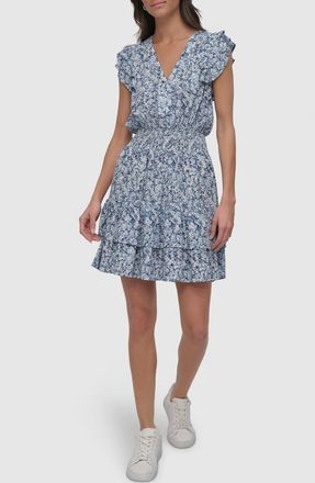 DKNY Pleated V-Neck Dress in Ditsy Floral Cobalt at Nordstrom Rack, Size X-Large
