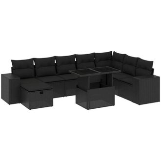 vidaXL Set De Sof&aacute;s De Jard&iacute;n 8 Piezas Y Cojines Rat&aacute;n Sint&eacute;tico Negro