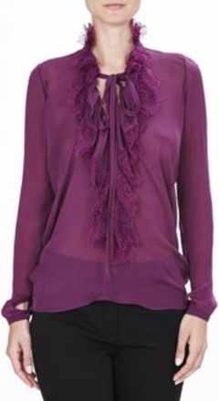 Roberto Cavalli Ruffled Self-Tie Silk Blouse, Brand Size 42 ( US Size 8 )