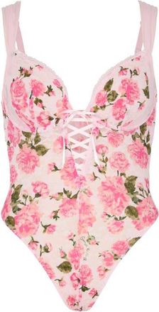 Savage x Fenty Sinful Rose Lace Teddy in Sweet Pink Rosy Passions Print at Nordstrom, Size X-Small